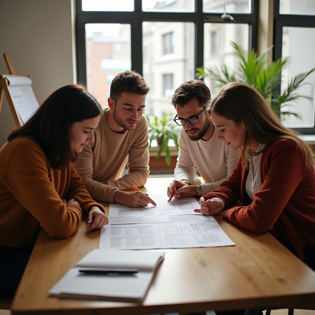 Kleines Agenturteam bespricht gemeinsam ein Angebotsdokument am Tisch