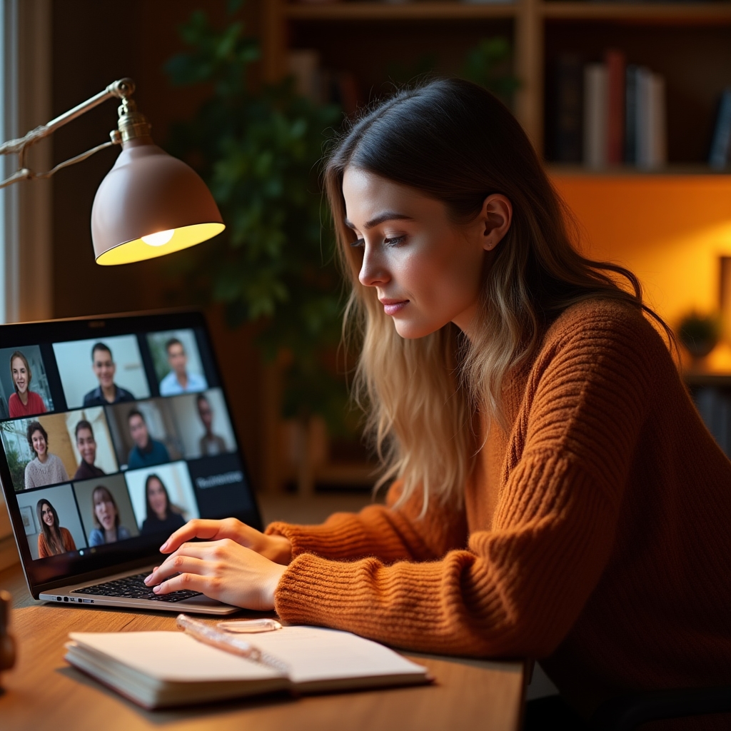 Freelancerin nimmt abends an einem Online-Workshop zum Schreiben von Angeboten teil